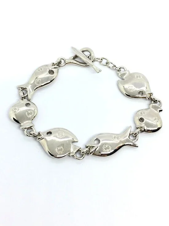 VINTAGE TRIFAFI FISH Bracelet Silver Tone Link Nautical Toggle Statement - Picture 1 of 15